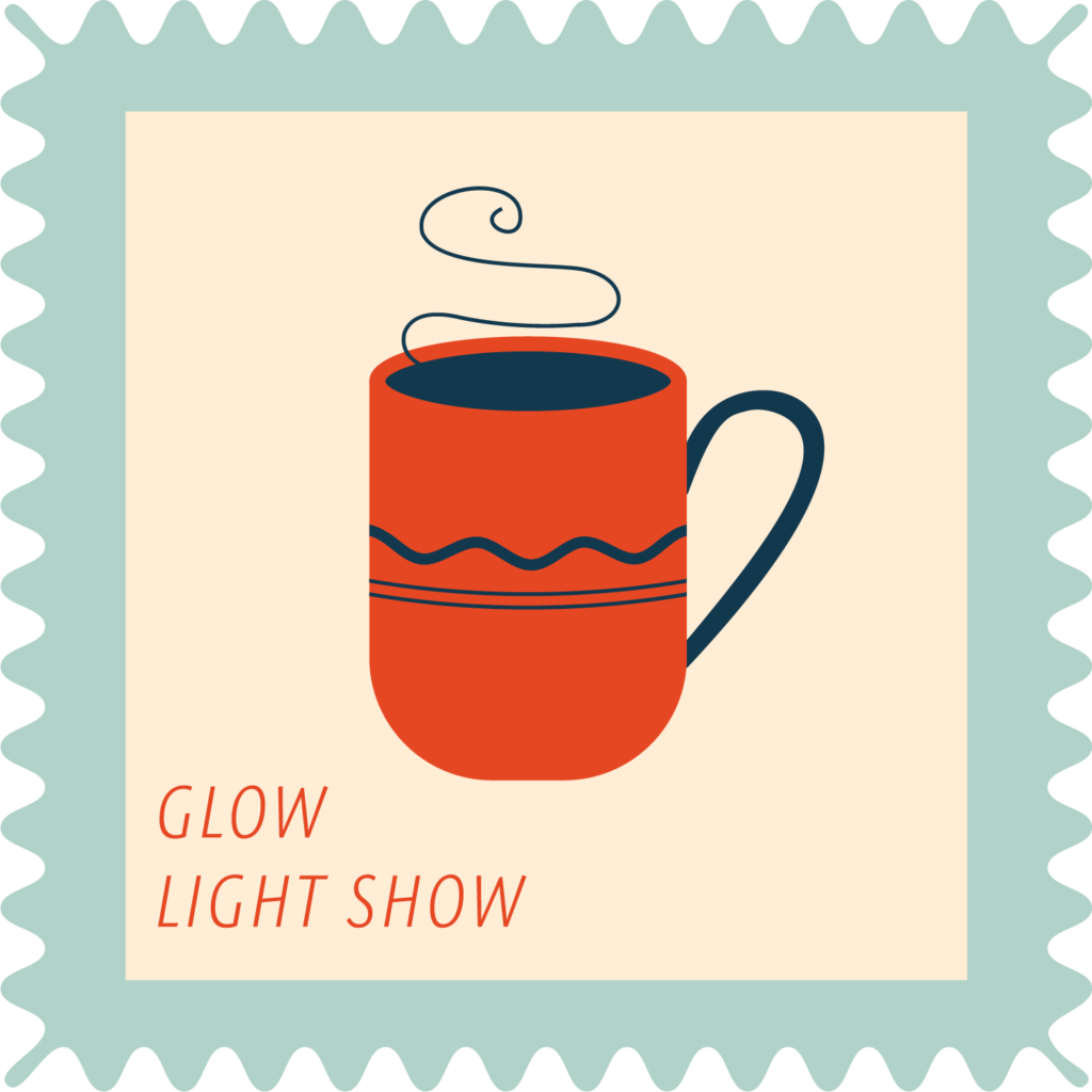 Icon of a red coffee cup with a stamp shaped border in sage and off white background.