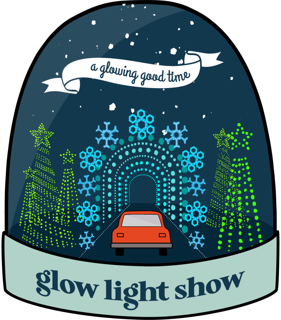 Glow Light Show's snow globe icon featuring an illustration of a red car driving through the holiday light show display.
