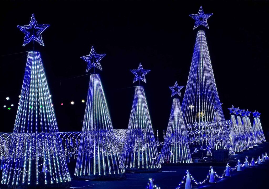 A row of illuminated lights in the shape of trees with stars on top.