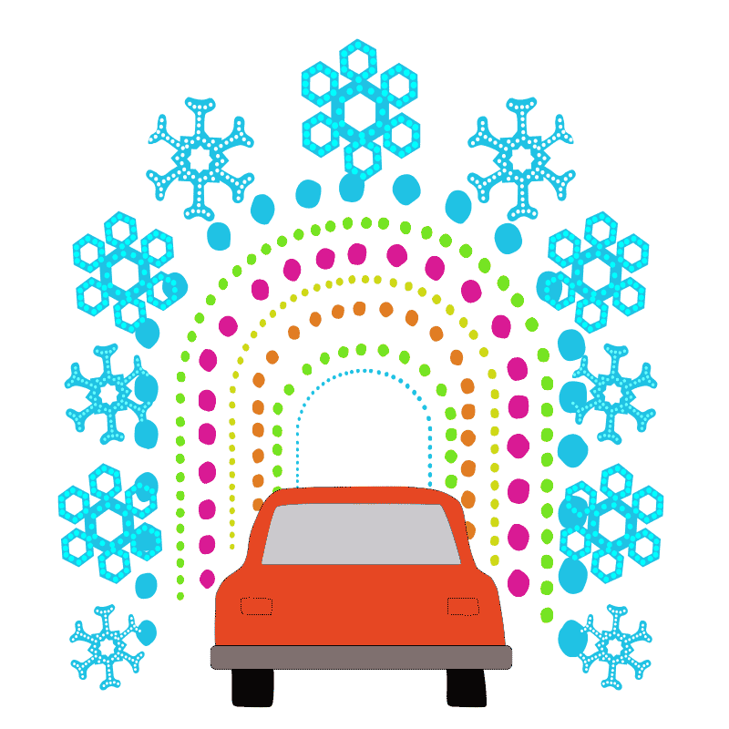 Animated illustration of a red car going through the snowflake tunnel.