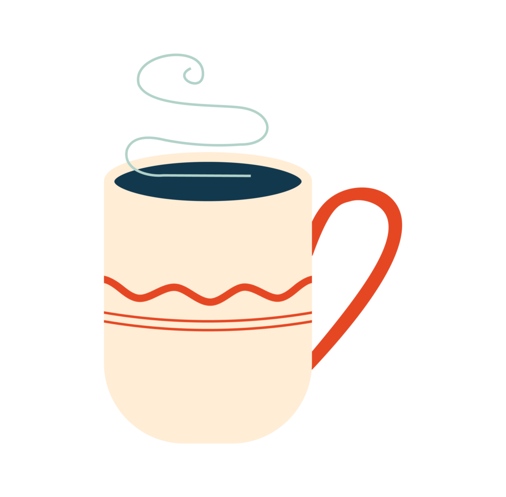 Off white illustration of a coffee mug with a red handle.