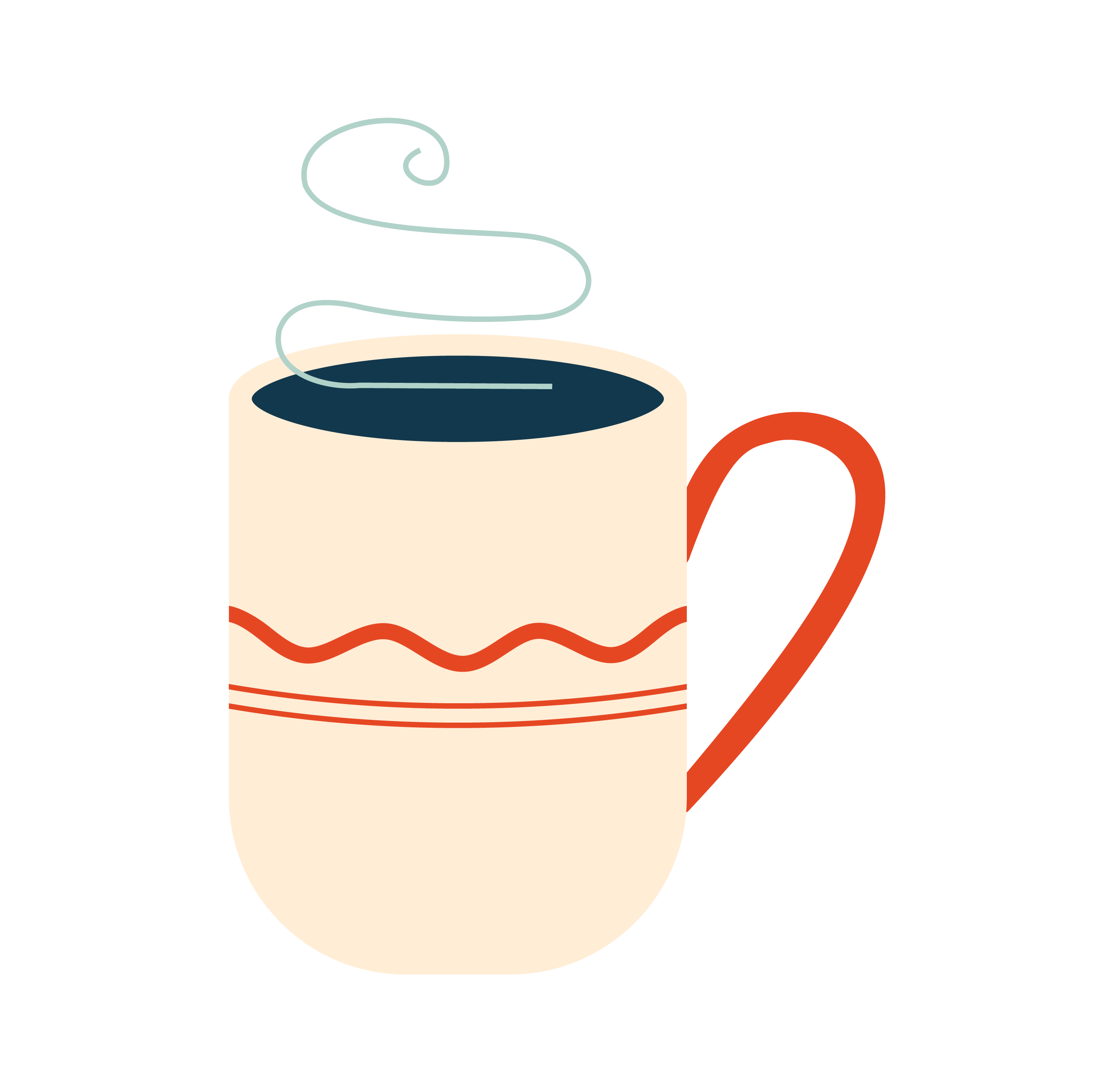Off white illustration of a coffee mug with a red handle.