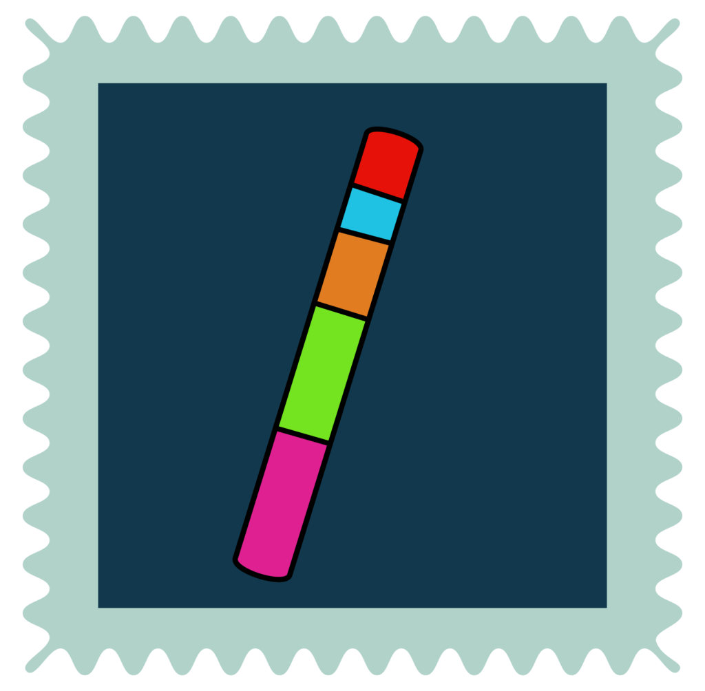 Illustration of a large glow stick inside of a green framed stamp. The large glow stick is included in our Jolly Trolley ride.